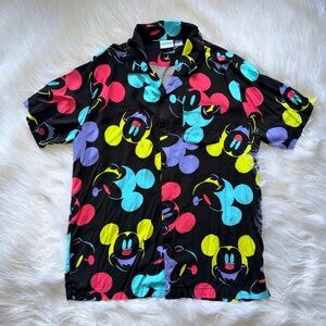 Disney Black Short Sleeve Button-Down Shirt with Multicolor Mickey Heads